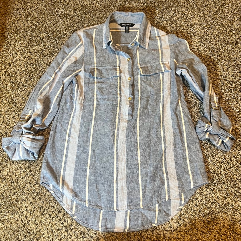 ELLEN TRACY Striped Linen Blend‎ Tunic Shirt Dress Womens Small Roll Tab Sleeves